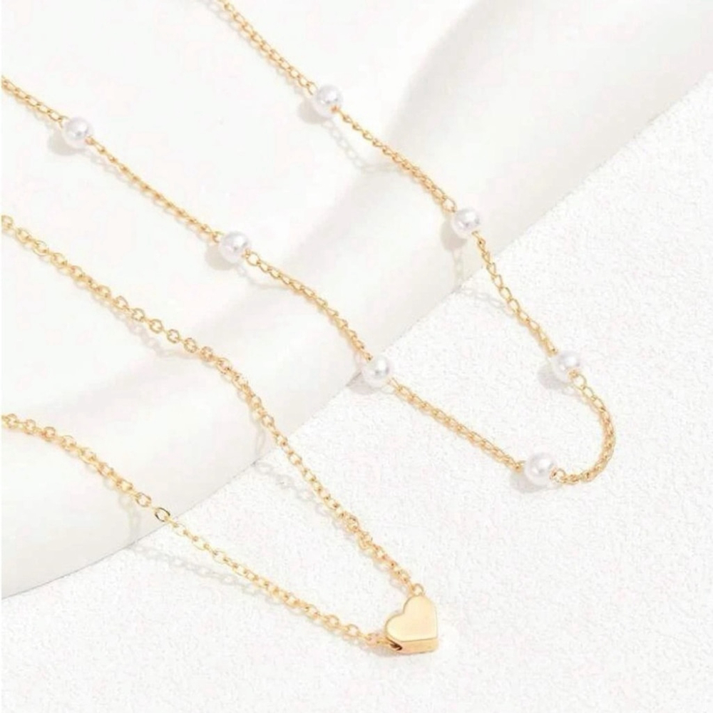 ⚠️Clearance 2pcs Heart And Faux Pearl Yellow Gold Necklace SS - Picture 3 of 5